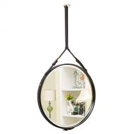 LAXF-Mirrors Leather Framed Decorative Wall Mirror with Hanging Strap, Round Rustic Mirror for Bathroom, Bedroom, Kids Room, Living Room Black Diameter 20 Inch