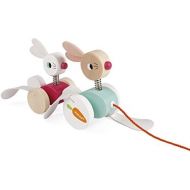 Janod Zigolos Pull Along Rabbit Family Early Learning and Motor Skills Toy with Flapping Feet Made of FSC Certified Beech and Cherry Wood for Ages 12 Months+