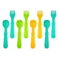 RE-PLAY Made in The USA 8pk Fork and Spoon Utensil Set for Easy Baby, Toddler, and Child Feeding in Aqua, Lime Green and Sunny Yellow | Made from Eco Friendly Recycled Milk Jugs |