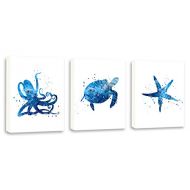 Kularoux Abstract Nautical Painting, Bathroom Wall Art, Contemporary Watercolor Art, Set Of Three Limited Edition Gallery Wrapped Canvases