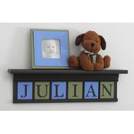 NelsonsGifts Personalized Name Shelf in Chocolate Brown with Wooden Letter Plaques Light Blue, Light Green, Custom Baby Name Sign, Nursery Wall Shelves