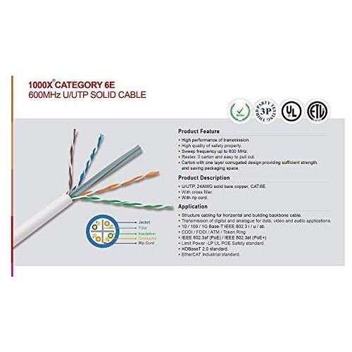  Infinity Cable Products Infinity Cable Cat6e CMR Riser 600MHz UTP, 24AWG, Solid, Bare Copper, 1000 Feet, UL Certified, Ethernet Cable, Easy To Pull (Reelex II) Box, White