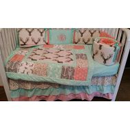CozyCreations Heather Reynolds Woodland 1 to 4 Piece baby girl nursery crib bedding Quilt, bumper, and bed skirt, Buck, deer, fawn, head silhouette, Arrow, Teepee, Aztec Mint, Coral, Gray, Pink