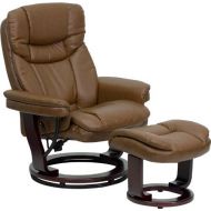 Flash Furniture Contemporary Multi-Position Recliner and Curved Ottoman with Swivel Mahogany Wood Base in Palimino Leather