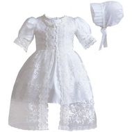 Romping House Baby Girls 3Pcs Organza Lace-Overlay Christening Gown Baptism Dress With Bonnet