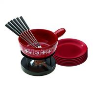 Kuhn Rikon Cheese Fondue Suisse Set, 15pcs.,Pot, Chafing Dish, Burner, Plate, Forks, Red Clay, Stainless Steel, 32010