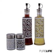 Purelife Salt and Pepper Shakers & Vinegar and Olive Oil Dispensers for the Kitchen - Airtight Glass Condiment Jars & Refillable Bottles - Covered in Protective Metal & Stainless Steel (Whi