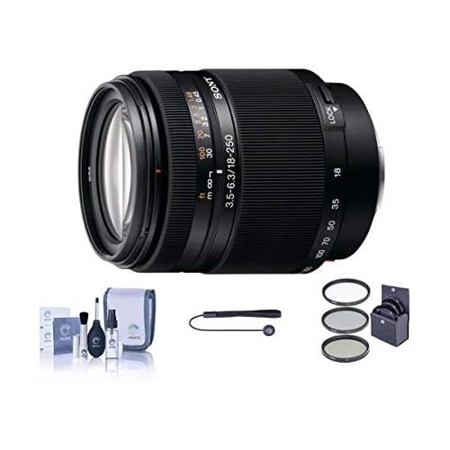 소니 Sony 18-250mm f3.5-5.6 DT ED a (alpha) Mount Digital SLR High Magnification Zoom Lens Kit, with Tiffen 62mm UV Filter, Lens Cap Leash, Professional Lens Cleaning Kit