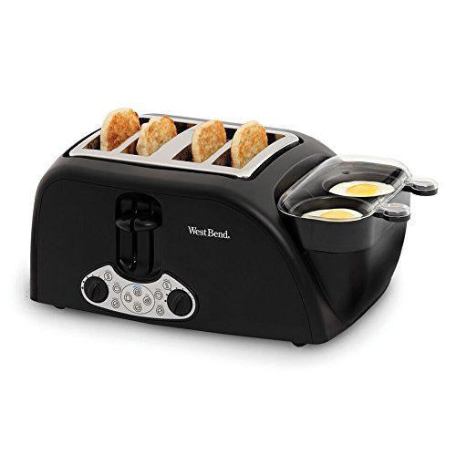  West Bend TEM4500W Quick Egg Bagel and Muffin Wide Slot Toaster with Removable Crumb Tray Features Meat or Vegetable Warming Tray with Egg Cooker and Poacher, 4-Slice, Black