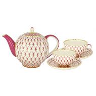 Lomonosov Russia Huge 10 Cups Large Tea Pot 68 oz/2000 ml Red Net Blues and 2 Tea Cups Lomonosov Porcelain
