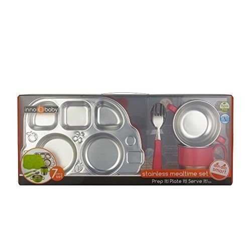  Innobaby Din Din Smart Stainless Steel Dinnerware Gift Set (Divided Plate, Sectional Lid, Cup, Bowl and Utensil Set) for Babies, Toddlers and Kids. BPA free, Green