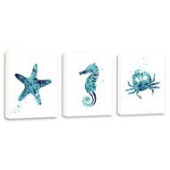 Kularoux Seahorse Art, Nautical Painting, Watercolor Crab, Bathroom Art, Stafrish Art, Set Of Three Limited Edition Gallery Wrapped Canvases