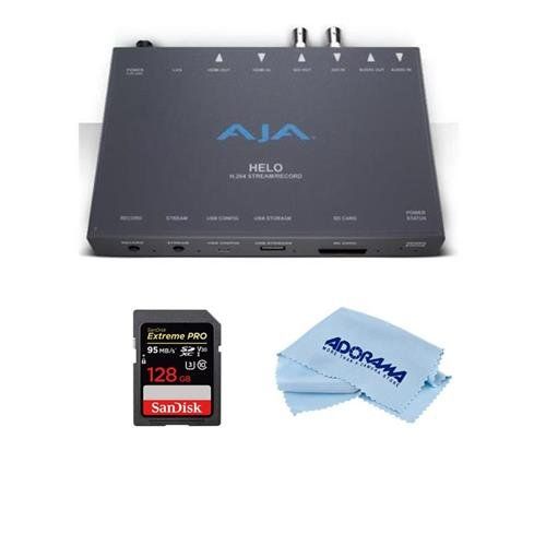  Aja HELO H.264 Streamer and Recorder - Bundle with 128GB SDXC U3 Card, Microfiber Cloth