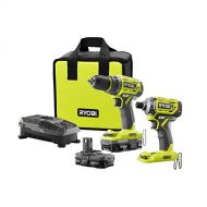Ryobi 18-Volt ONE+ Lithium-Ion Cordless Brushless Drill/Driver-Impact Driver 2-Tool Kit w/(2) 1.3 Ah Batteries, Charger,