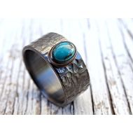 CrazyAss Jewelry Designs mens turquoise ring, wide mens ring turquoise, black silver ring, rustic wedding band, mens promise ring rustic, cross hammered silver ring anniversary gift