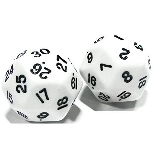  MySimple Products Custom & Unique {Huge XL Big Large 33mm} 2 Ct Pack Set of 30 Sided [D30] Triacontagon Shape Playing & Gambling Game Dice Made of Plastic w Classic Simple Design [White & Black] by