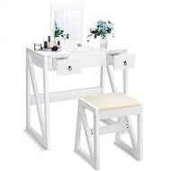 Giantex Vanity Set with Flip Top Mirror and 2 Drawers 9 Organizers, Dual Modern Makeup Dressing Table Writing Desk with Cushioned Stool, Easy Assembly, White