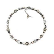 Siggy-Jewelry Swarovski Crystal Flower Embellished Necklace, Jet Hematite, White Opals, Rose Gold, Neutrals, Ornate Flower Clusters, MOONLIGHT MINGLE, Gift Packaged
