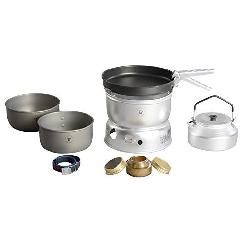  Trangia - 25-0 Ultralight Hard Anodized Camping Cookset | Includes: Alcohol Stove, 2 HA Pots, Non-Stick Frypan, Kettle, Upper & Lower Windshield, Pot Gripper, & Strap