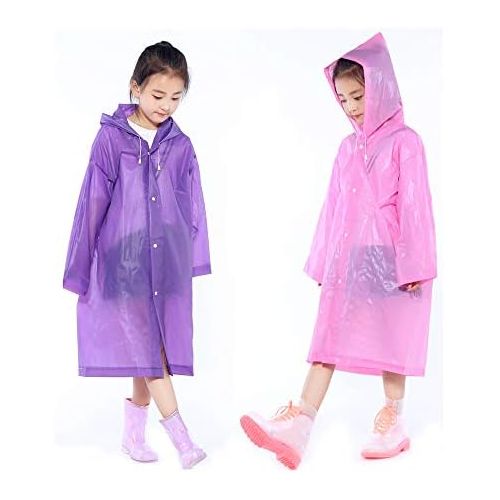  [아마존베스트]YiHee 2 Packs Kids Rain Ponchos, Portable Reusable Emergency Raincoat for 6-12 Years Old Boys Girls, Children Rain Wear for Outdoor Activities - Purple&Pink