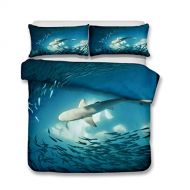 YJBear 3 Piece Christmas Brushed Bedding Set Undersea Water Great Shark Printed Quilt Coverlet Set for Boys Toddlers Bedroom Teal, 1 x Duvet Cover and 2 x Pillowcases, US Full Size
