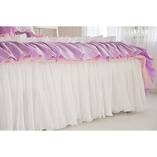  LELVA Solid Color Ruffle Wrinkle Duvet Cover Set Twin 4 Piece Lace Bed Skirt Cotton Princess Bedding for Girls Pink