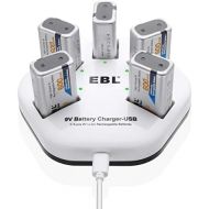 [아마존베스트]EBL 9V Rechargeable Batteries Lithium ion 9V 600mAh Batteries 600mAh (5 Packs) with 5 Bay 9V Battery Charger 2A Input for Smoke Alarm Detectors