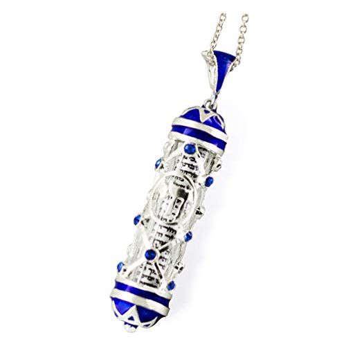 Enamel Jewelry Boutique Judaica Mezuzah Chai Necklace w Shemah Sterling Silver Reticulated Net Pendant w Sapphire Blue Crystals Jewish Jewelry for MenWomen BarBat Mitzvah Gift