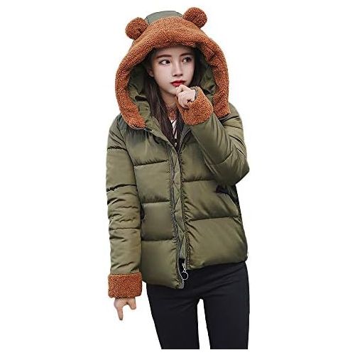 JESPER Women Winter Warm Down Coat Faux Fur Cute Bear Hooded Thick Slim Jacket Lightweight