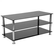 Flash Furniture Riverside Collection Black Glass TV Stand with Stainless Steel Frame