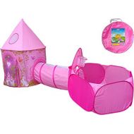 Playz 3pc Girls Princess Fairy Tale Castle Play Tent, Crawl Tunnel & Ball Pit w Pink Prairie Design - Foldable for Indoor & Outdoor Use w Zipper Storage Case