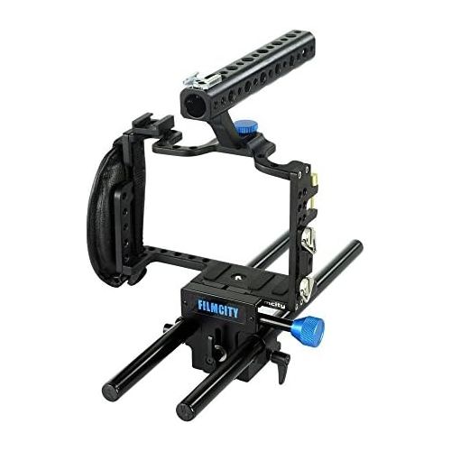  FILMCITY Professional Camera Cage for Panasonic Lumix GH3  GH4 | Secure Support System with Comfortable Top Handle & Handgrip + 15mm Rod Support + Tripod Compatible (FC-G34-LCRS)