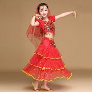 SISHUINIANHUA BRR-Dress Belly Dance Outfits Childrens Performance Spandex Chiffon Sequined Sequin Coin Short Sleeve Natural Top Skirt Hip Scarf Veil Headwear