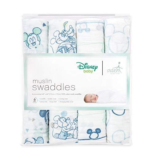  Aden aden by aden + Anais Disney Swaddle Baby Blanket, 100% Cotton Muslin, 4 Pack, 44 X 44 inch, Mickey Bubble