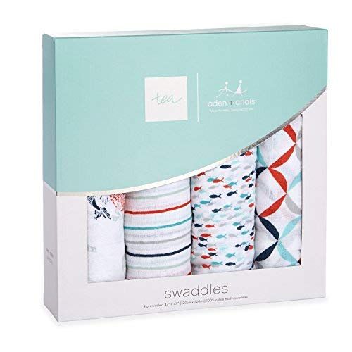  Aden + anais aden + anais Tea Collection Swaddle Baby Blanket, 100% Cotton Muslin, Large 47 X 47 inch, 4 Pack Fish Pond