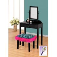 The Furniture Cove New Black Wooden Make Up Vanity Table with Mirror & Skulls Themed Bench with Hot Pink Feather Style Skirt Around Seat!