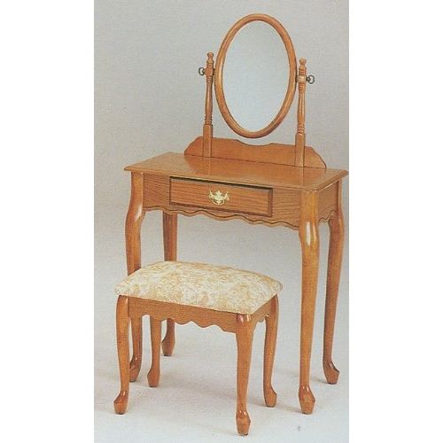  Acme Furniture Traditional Queen Anne Style Oak Finish Wood Vanity Set w/Stool & Mirror