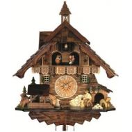 Engstler Quartz Cuckoo Clock Black Forest house with moving wood chopper and mill wheel, with music EN 483 QMT