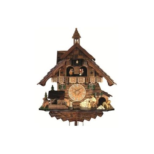  Engstler Quartz Cuckoo Clock Black Forest house with moving wood chopper and mill wheel, with music EN 483 QMT