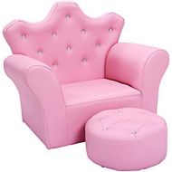 Costzon Kids Sofa, PU Leather Princess Sofa with Embedded Crystal, Upholstered Armchair with Ottoman, Perfect for Girls (Pink Sofa with Ottoman)