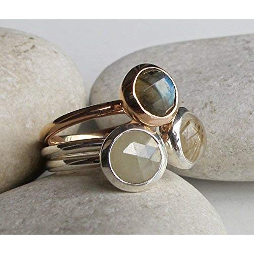  Belesas Unique Stackable Ring- Rose Gold Ring- Round Simple Ring Set-Labradorite Sapphire Quartz Ring-Statement Gemstone Ring- Jewelry Gifts for Her