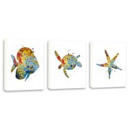 Kularoux Bathroom Wall Art, Watercolor Sea Turtle, Fish Art, Starfish Painting, Stafish decor, Set Of Three Limited Edition Gallery Wrapped Canvases