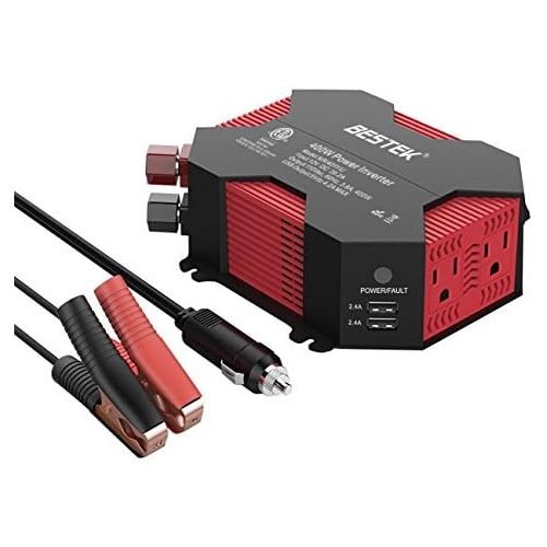  BESTEK 400W/500W DC 12V 110V Inverter with 4 USB Charging Ports, Power Converter with 2 AC Outlets Battery Clip Charger, Car Adapter (Upgrade Version)