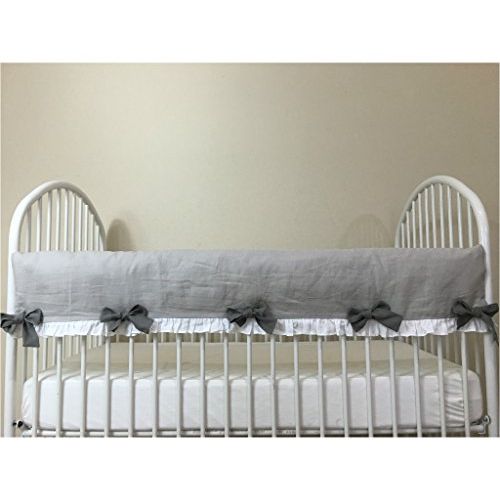  SuperiorCustomLinens Stone Grey Rail Cover w. Medium Grey Bows, White ruffle finish, Handmade Bumperless Crib Bedding Set, Neutral Baby Bedding Set, FREE SHIPPING