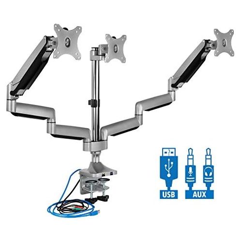  Mount-It! Triple Monitor Mount | Desk Stand with USB and Audio Ports | 3 Counter-Balanced Gas Spring Height Adjustable Arms for Three 24 27 30 32 Inch VESA Screens | C-Clamp and Gr