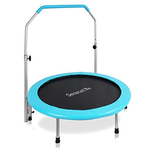 SereneLife Springless Sports Adult Size Trampoline - 33.8” Foldable Spacesaver Heavy Duty Jumping Mat Rebounder for Adults wPadded Frame Cover, 35” to 46” Adjustable Handrail, Carry Bag - Se