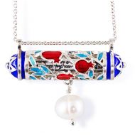 Enamel Jewelry Boutique Mezuzah Necklace Pomegranate w Pearl, Jewish Jewelry for Women, Judaica Necklace w Hebrew Prayer Red Pomegranate w Blue Star of David, Bat Mitzvah Gift for Girl