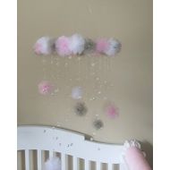 JennabooBoutique pink and grey pom pom crystal baby mobile