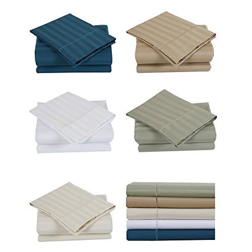  Affluence 500 Thread Count 100% Cotton Damask Stripe Sheet Set (King Sheet Set, Green Tea)