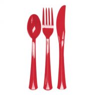 Party Essentials Deluxe Plastic Full Size Extra Heavy Duty Cutlery, Red (64 Knives, 64 Forks, 64 Spoons)